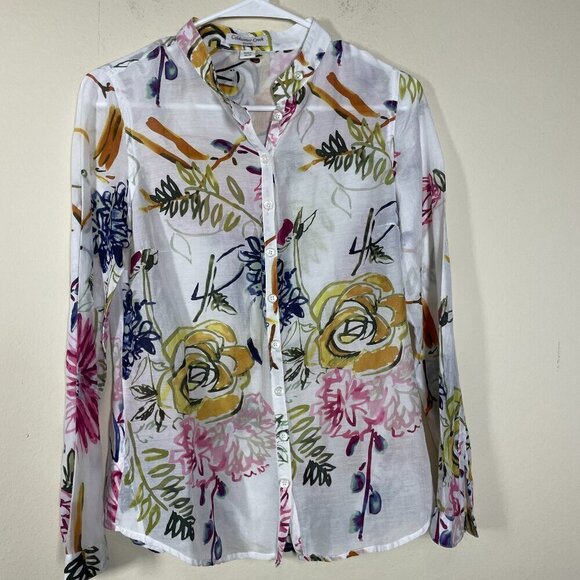 Coldwater Creek Shirt Womens XS Shaped Silk Blend Sheer White Floral Bohemian! - Picture 1 of 5